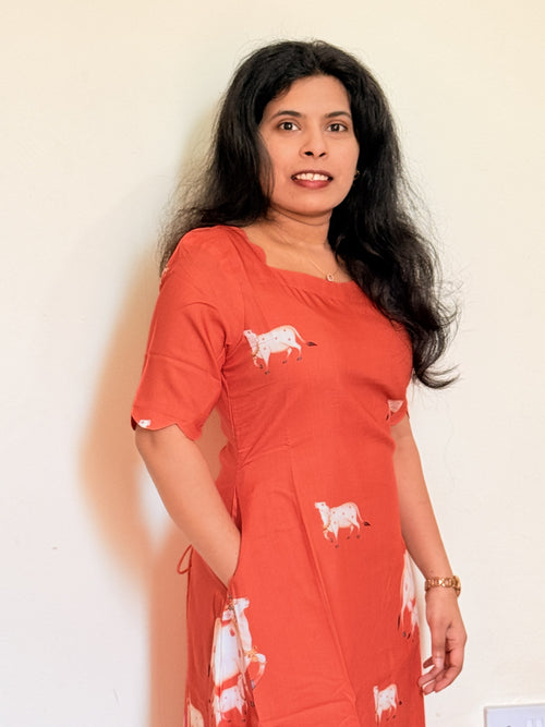 Orange Lotus Print Midi Dress with Pocket