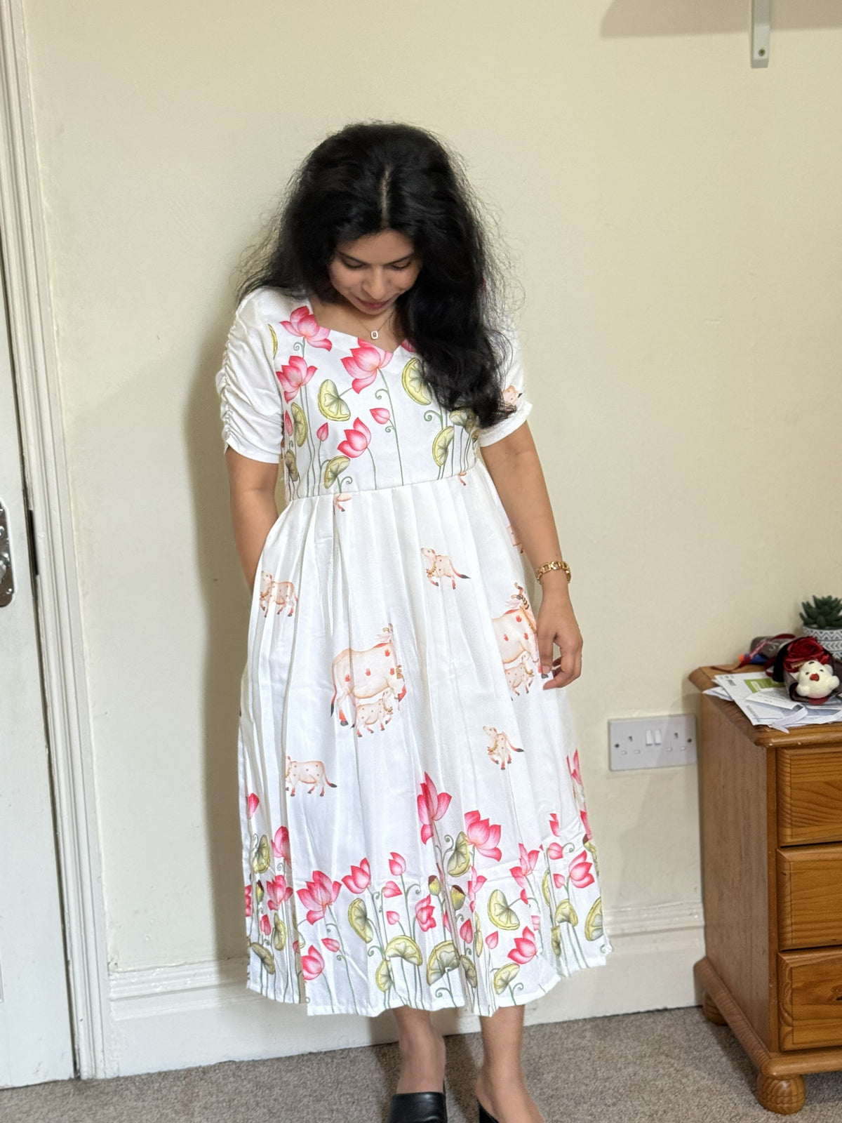 White Lotus Print Midi Dress with Pocket